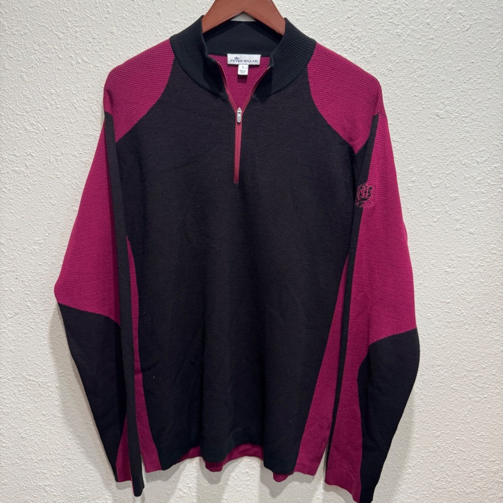 Peter Millar Merino Wool Quarter Zip Pullover Black Berry Colorblock Large